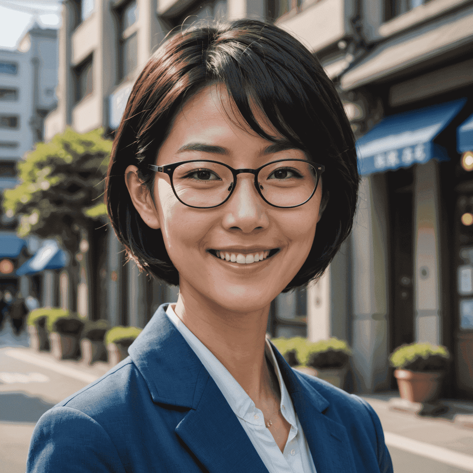 Portrait of Yuki Tanaka, a Japanese woman in her 30s with short black hair and glasses, smiling warmly at the camera. She is wearing a professional blue blazer.