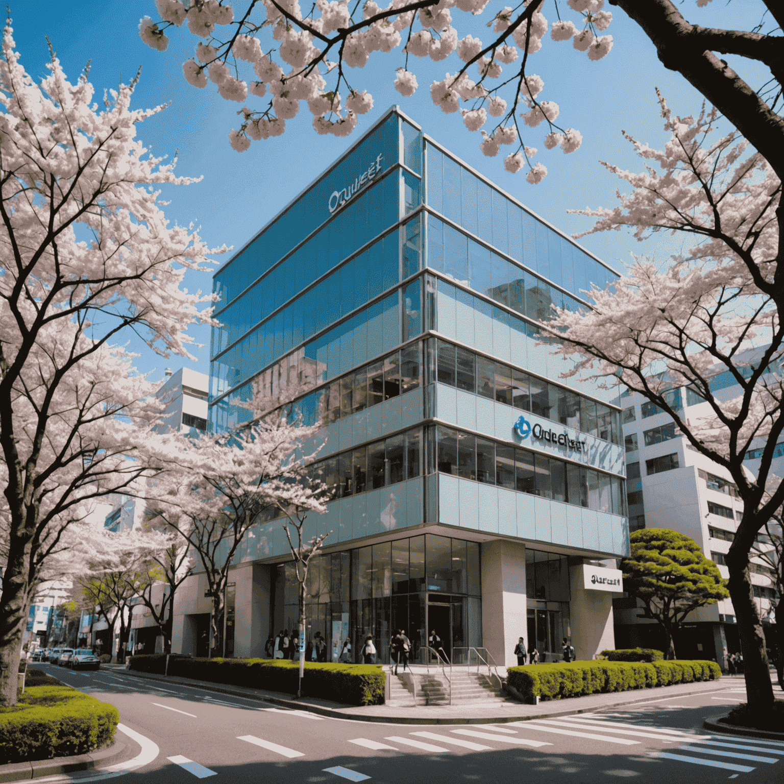 EduQuest office in Shibuya, Tokyo. A modern building with glass facades, surrounded by cherry blossom trees. The EduQuest logo is prominently displayed at the entrance.