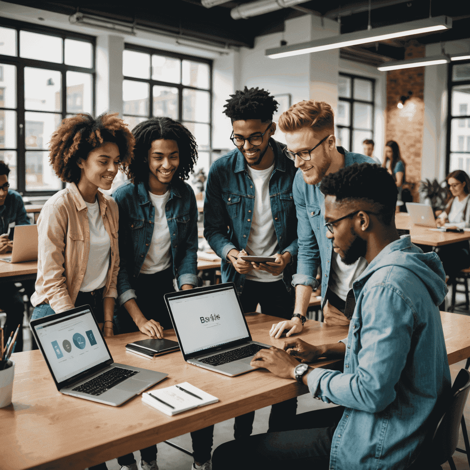 A group of diverse students collaborating on a web design project, using laptops and tablets in a modern, well-lit workspace. The image conveys a sense of creativity, teamwork, and technological proficiency.