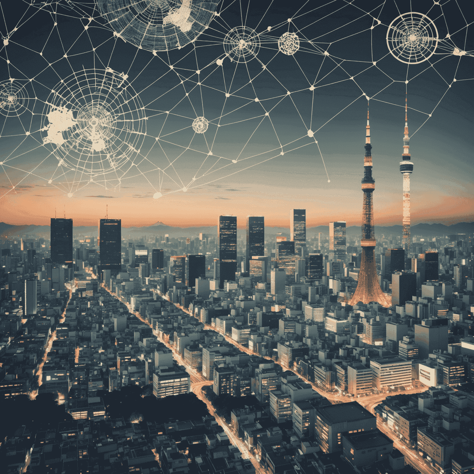 A stylized image of Tokyo skyline with web design elements overlaid, showcasing the blend of traditional Japanese aesthetics with modern digital design