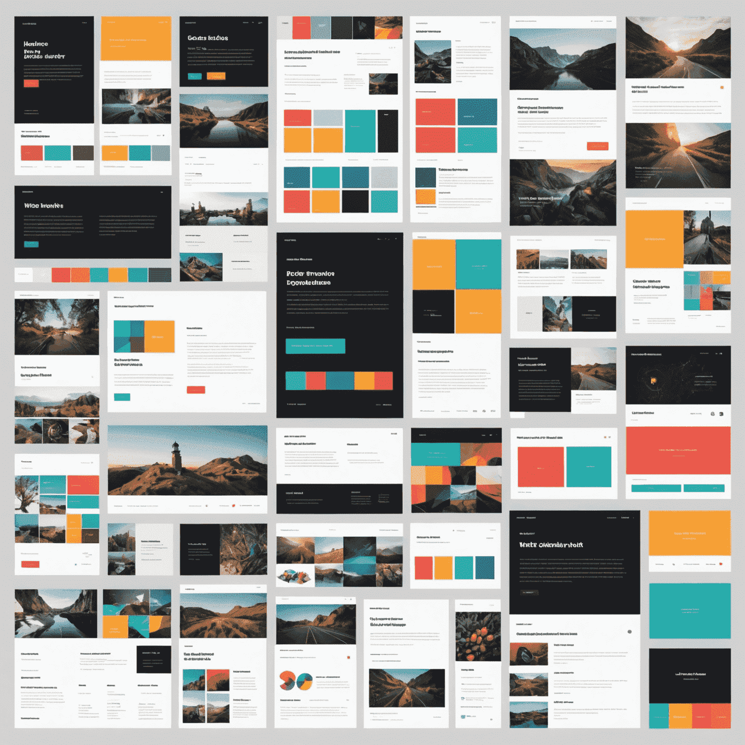 A collage showcasing various web design elements: color palettes, wireframes, responsive layouts, coding snippets, and user interface components