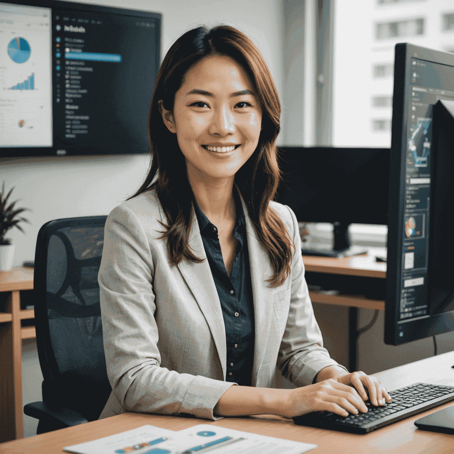 Akiko, a Japanese woman in her early 30s, sitting at a modern desk with a computer showing a web design project. She's smiling confidently at the camera.