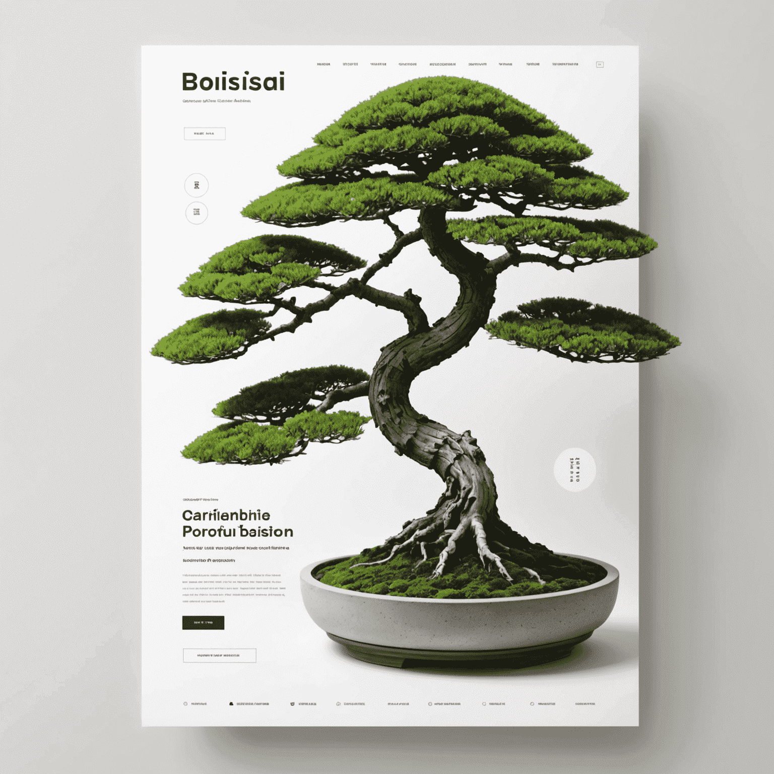 A minimalist web design layout inspired by Japanese aesthetics, featuring a clean grid system, ample white space, and subtle natural elements like a bonsai tree illustration