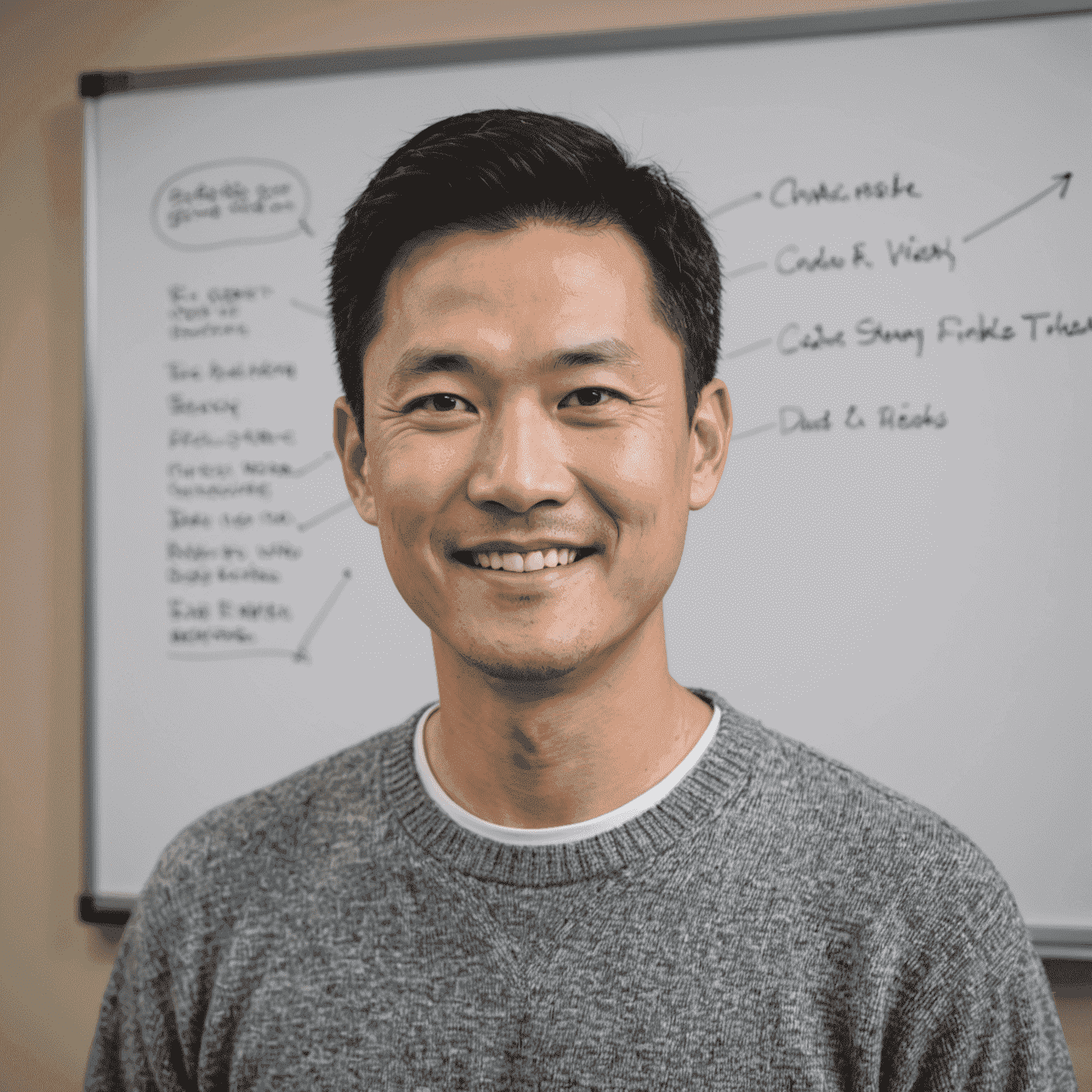 Portrait of David Chen, a Chinese-American man in his 40s with a friendly smile, wearing a casual grey sweater. He has short dark hair and is standing in front of a whiteboard.