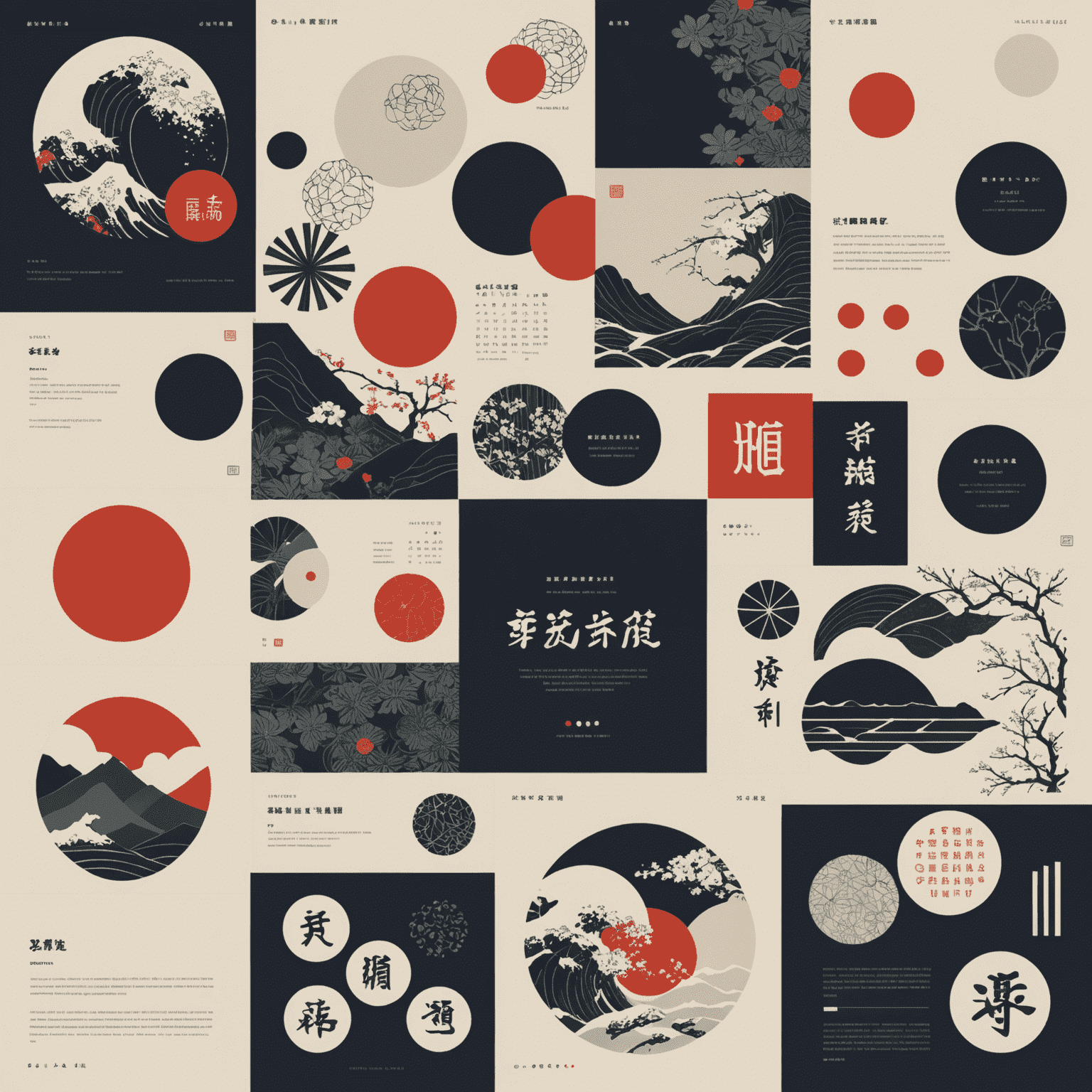 A collage showing various Japanese-inspired web designs, featuring minimalist layouts, traditional patterns, and modern typography