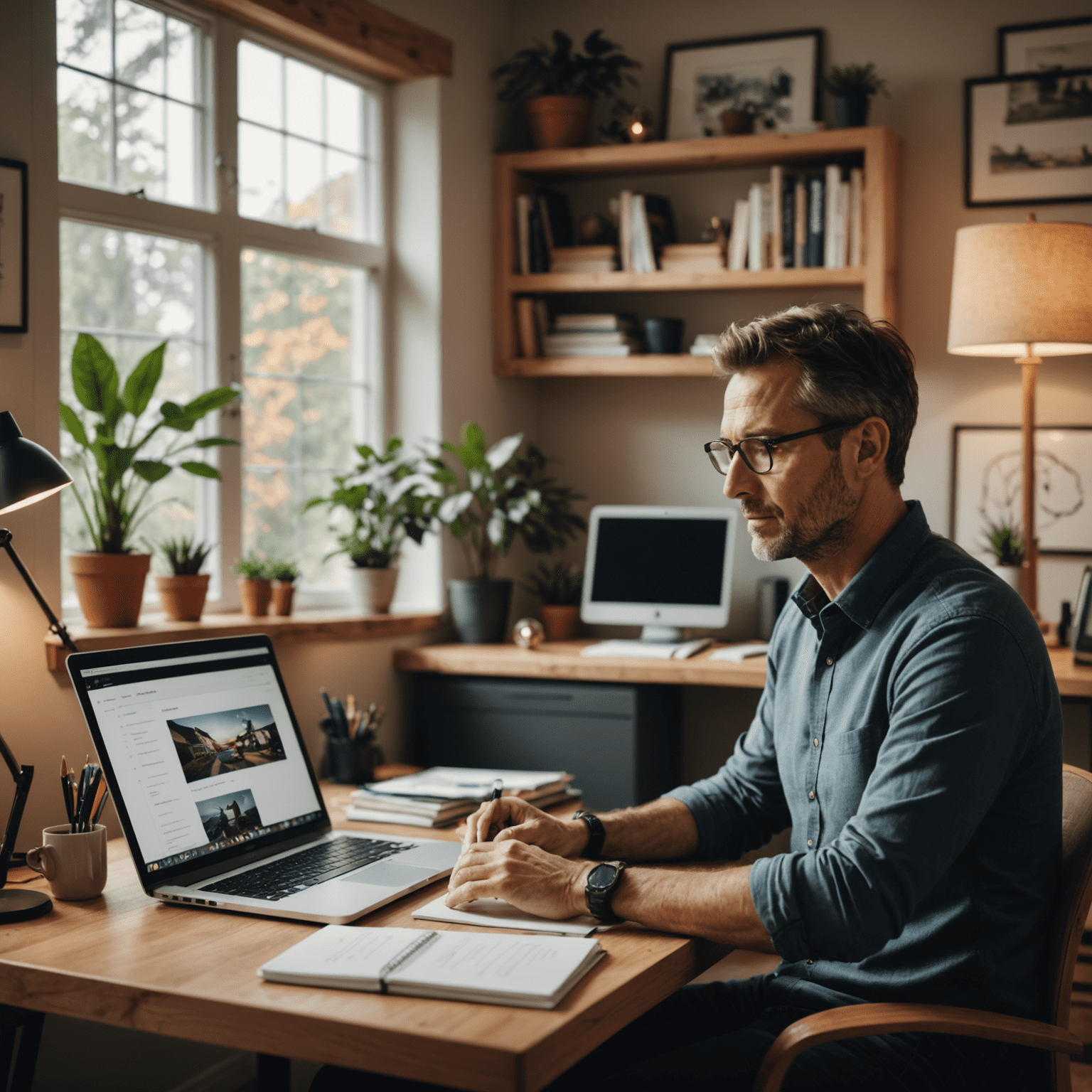 Mark, a man in his mid-40s, working on a laptop in a cozy home office. The screen shows a web design project in progress.