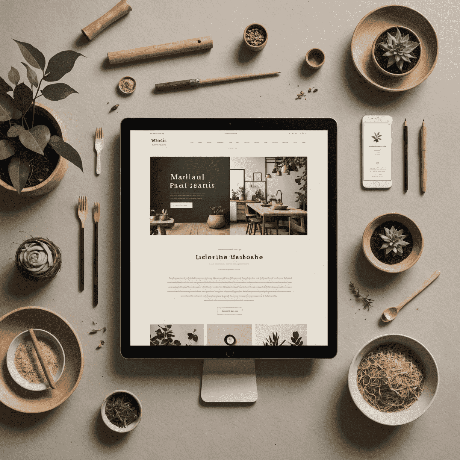 A web design mockup showcasing wabi-sabi principles with asymmetrical layout, hand-drawn icons, and a muted color palette inspired by natural materials