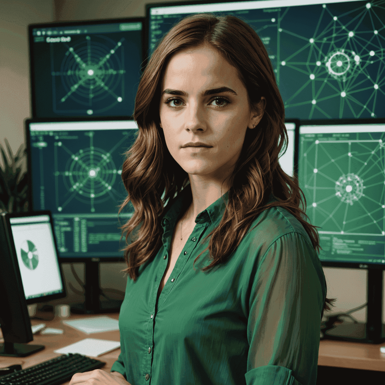 Portrait of Emma Watson, a Caucasian woman in her late 20s with long brown hair, wearing a green blouse. She has a creative and energetic expression, standing next to a computer showing web designs.