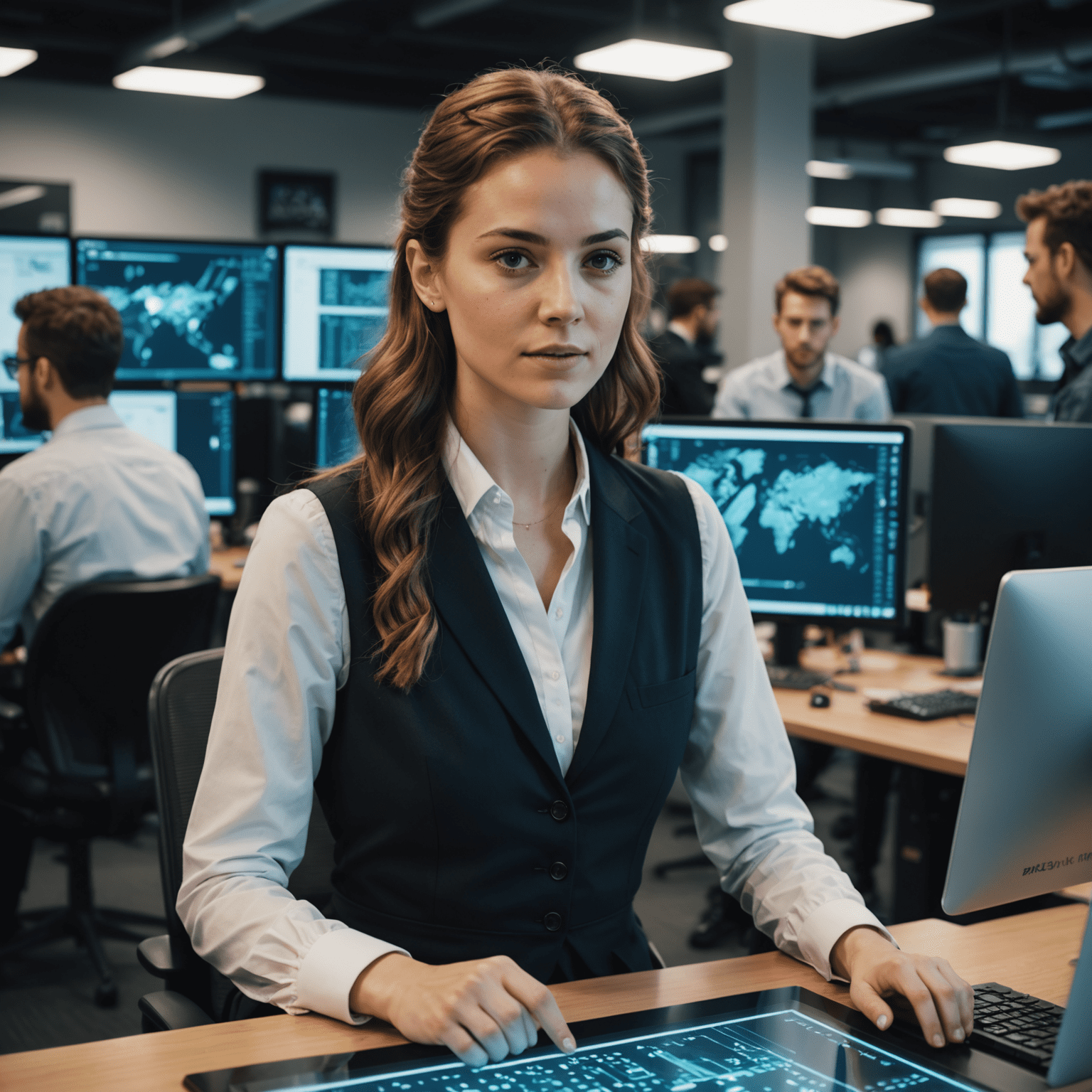 Sophia, a young woman in her late 20s, collaborating with colleagues in a modern tech office. She's pointing at a computer screen displaying code.