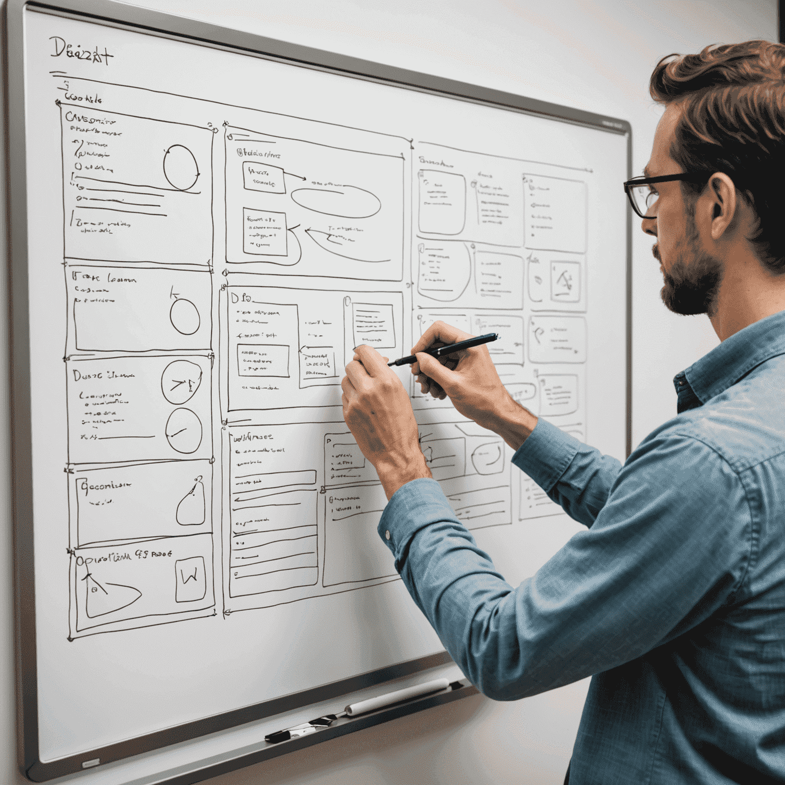 A designer sketching user flow diagrams and wireframes on a whiteboard