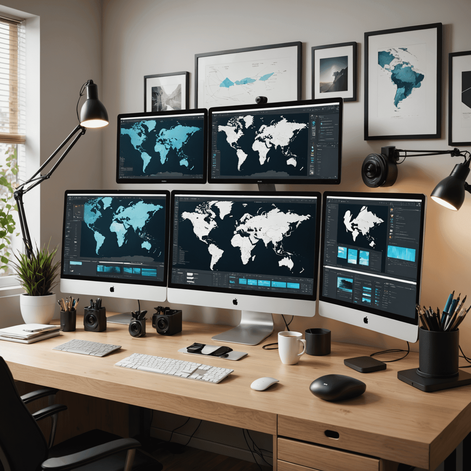 A designer's workspace showing multiple monitors with design software interfaces open